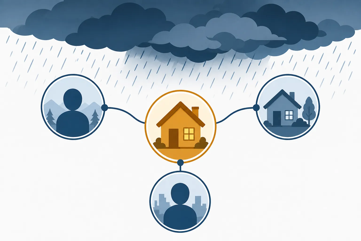 Network diagram connecting a home to a long-distance family member, nearby neighbor, and out-of-area contact under storm clouds