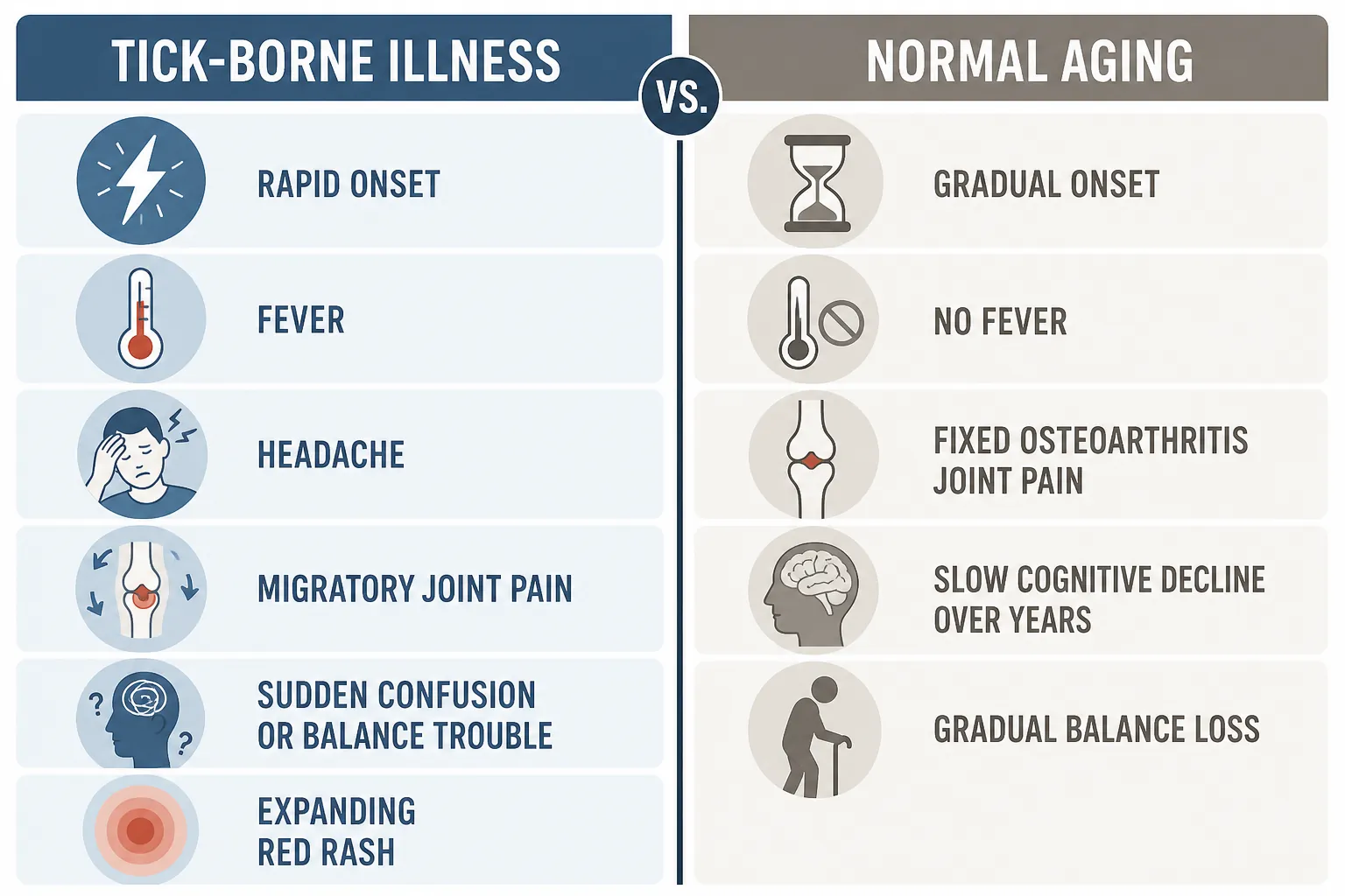 Infographic comparing rapid tick-borne illness symptoms with gradual normal aging symptoms