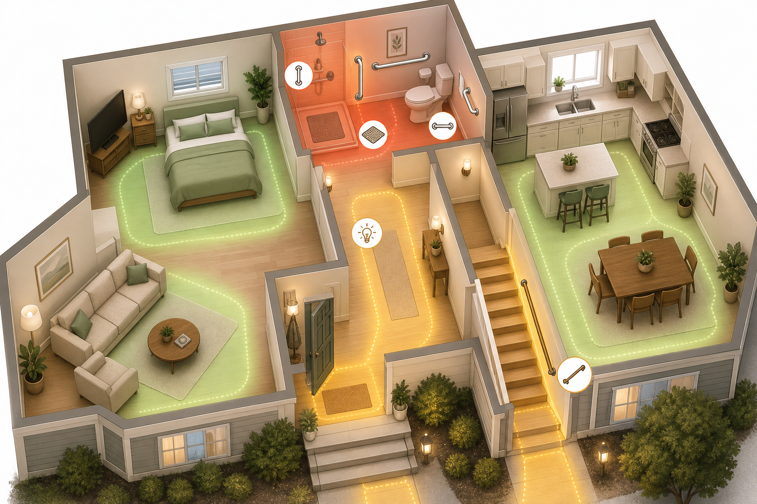 An elevated interior view of a home layout with rooms color-coded by fall-risk priority. The bathroom glows warm red-orange (highest risk), stairs and entryways show amber-yellow, and the bedroom and kitchen appear soft green. Small icons indicate grab bars in the bathroom, non-slip mat near the shower, handrail on stairs, and clear pathways throughout. Warm neutral color palette, modern flat illustration style.