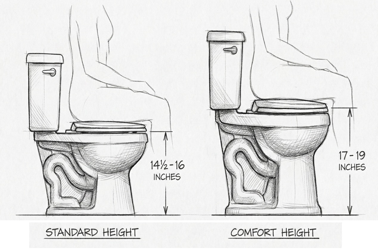 Side-by-side comparison of a standard height toilet and a taller comfort-height toilet showing the visible difference in seat height.