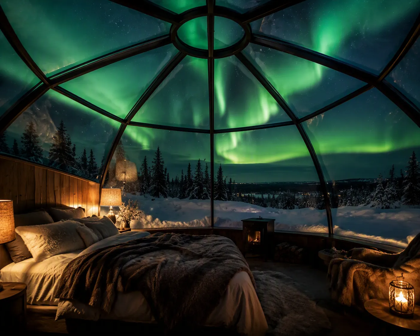 Warm glass-dome lodge interior with bed under northern lights