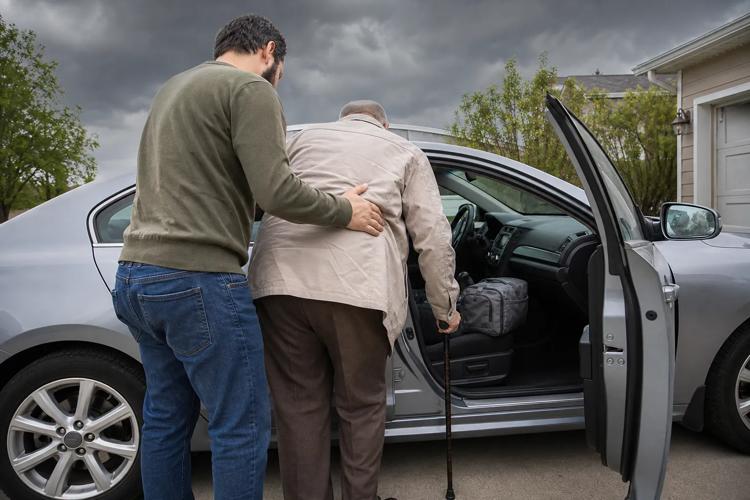 Older adult with a cane being helped into a car before floodwater reaches the driveway