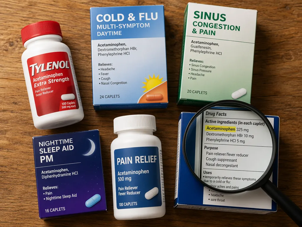 Over-the-counter pain, cold, sinus, and PM sleep aid products with a magnifying glass over an ingredient list