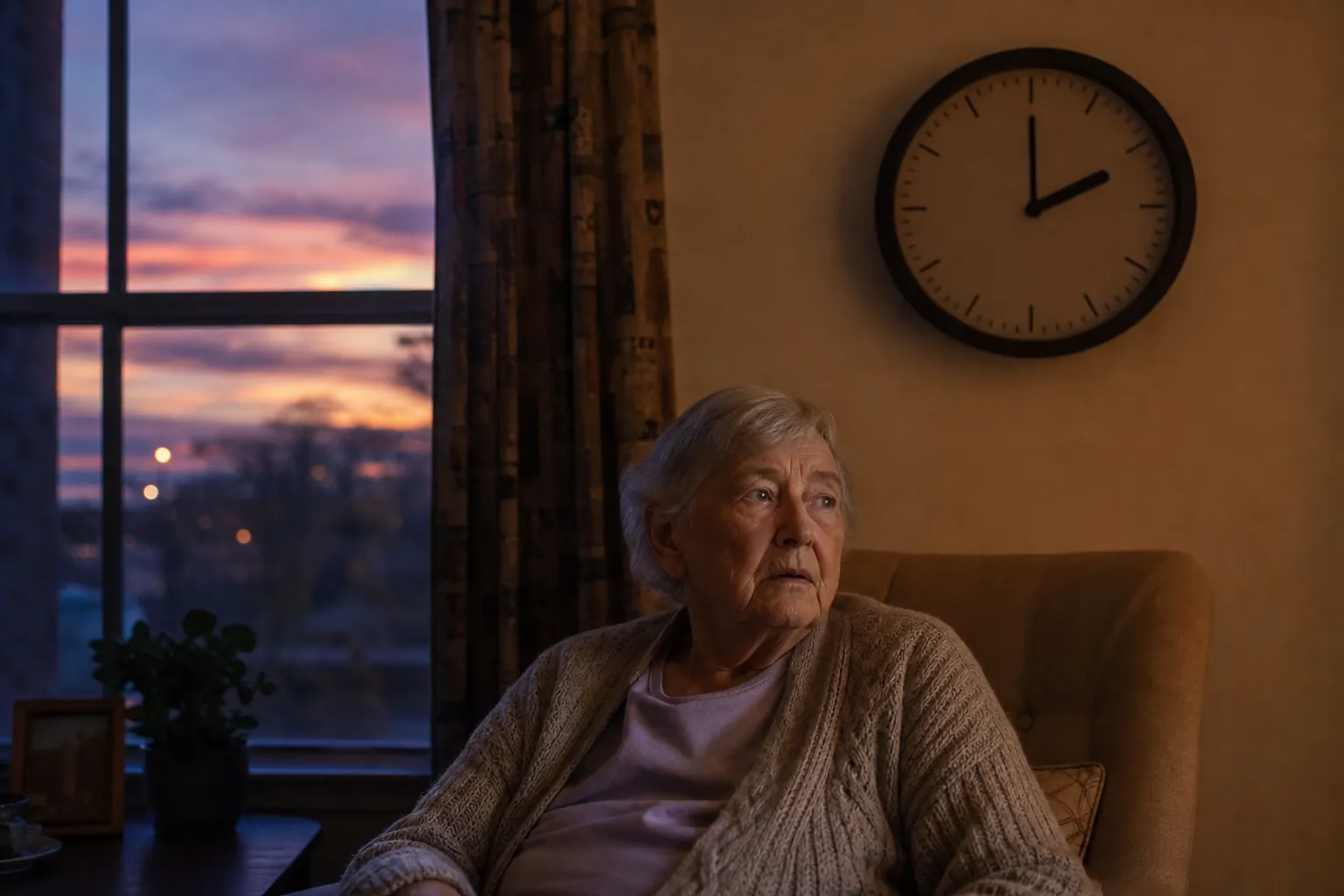 An elderly person sits in a dimly lit living room near a wall clock as daylight fades outside