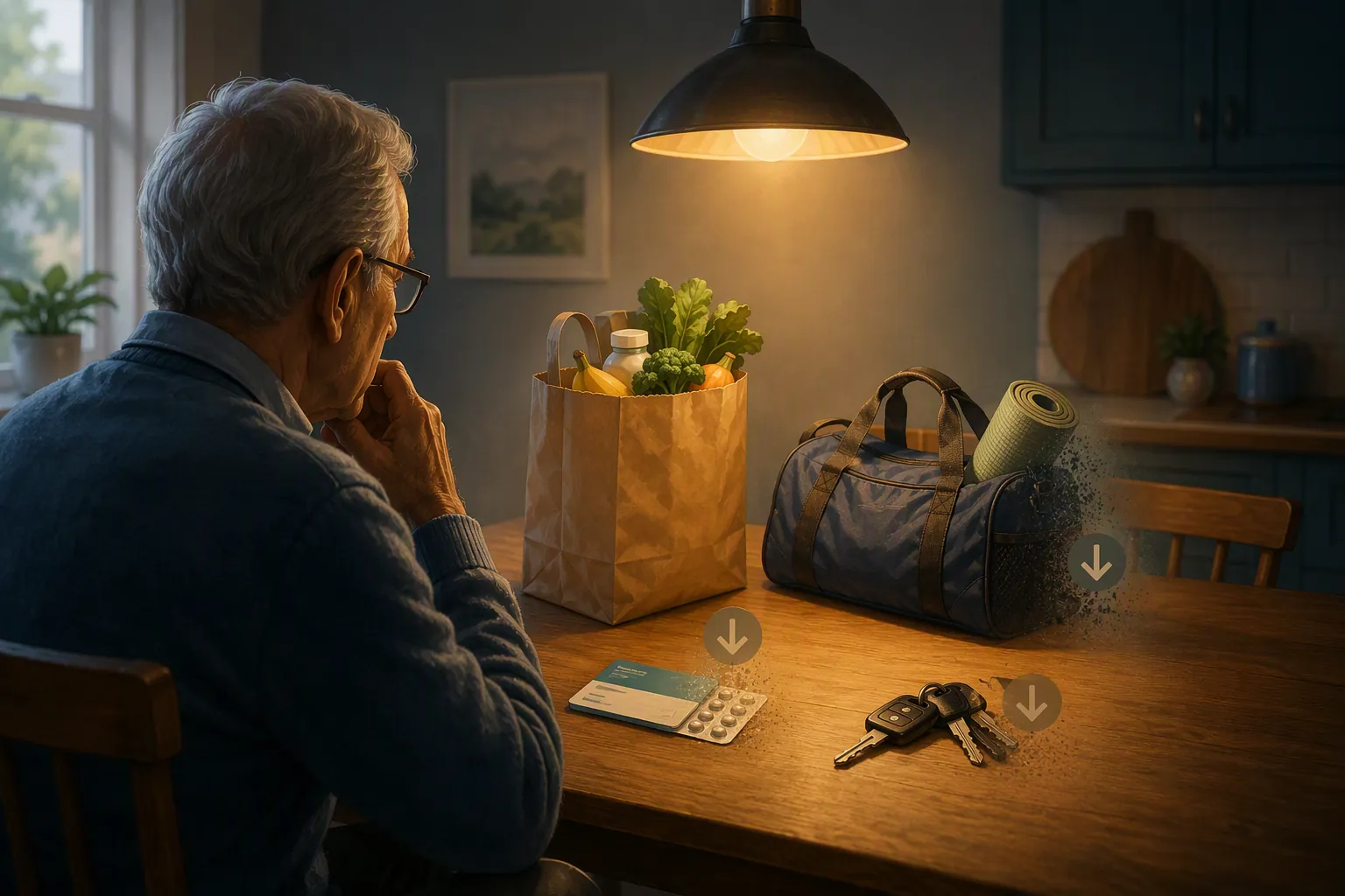 A senior at a kitchen table with an OTC medication card, grocery bag, car keys, and gym bag