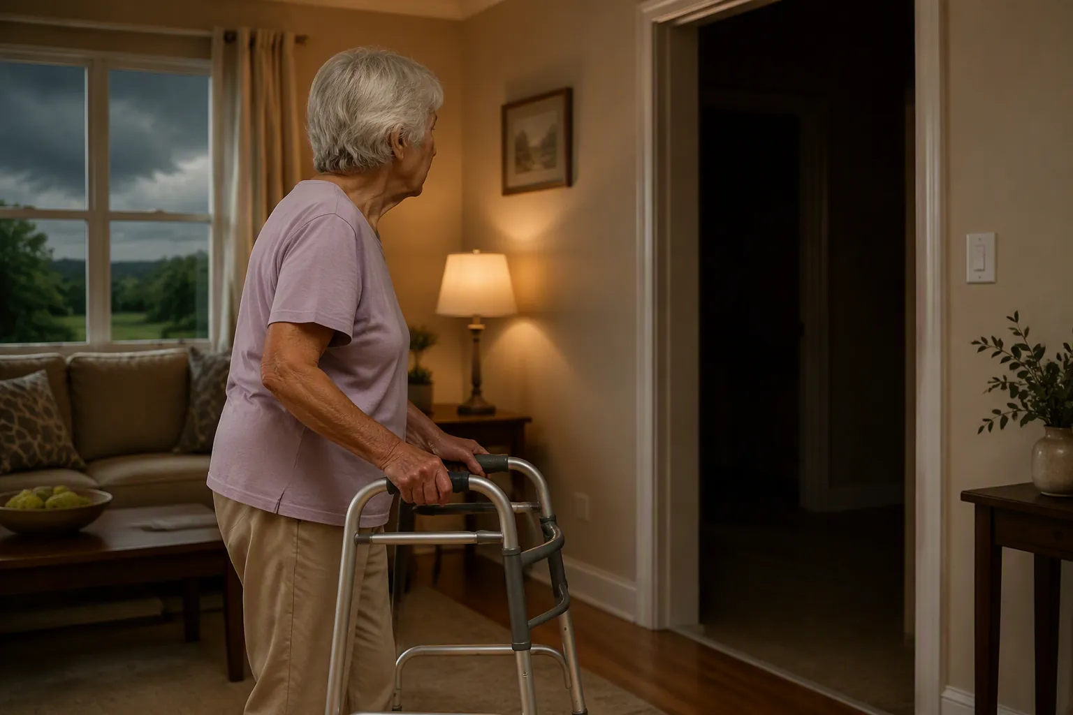 Senior woman beside a walker looking toward an interior doorway while storm clouds gather outside