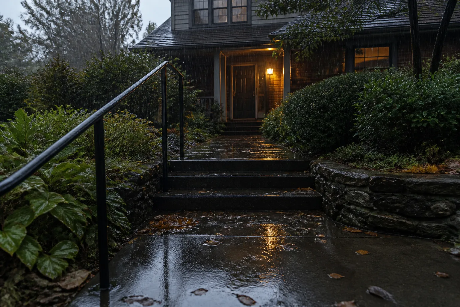 Wet front walk, rain-soaked steps, puddled path, handrail, and dim entry door on a rainy day