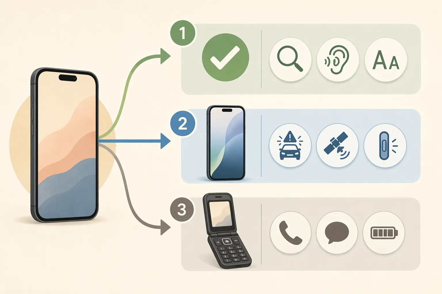 Three-path iPhone accessibility decision framework showing configure current phone, upgrade for hardware features, or choose a different device