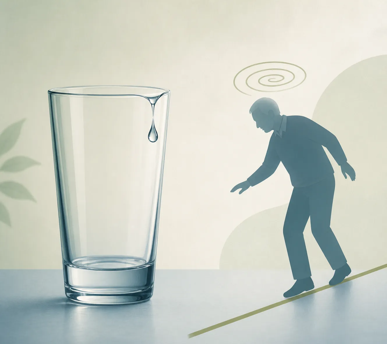 Illustration of dehydration leading to dizziness and fall risk in an older adult