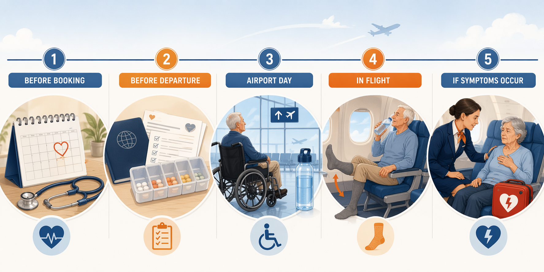 Timeline infographic showing five prevention stages for senior air travel cardiac safety
