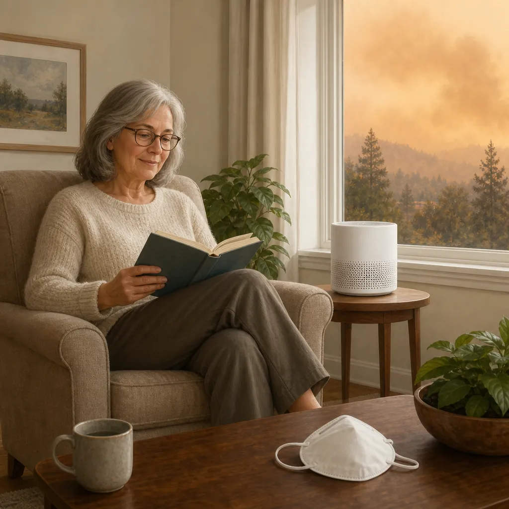 Older woman reading beside an air purifier with an N95-style respirator on the table and smoky air outside
