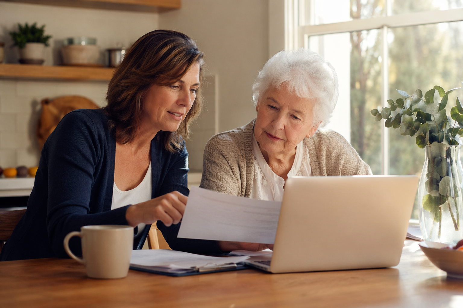 Adult daughter and elderly mother reviewing financial documents together at a kitchen table