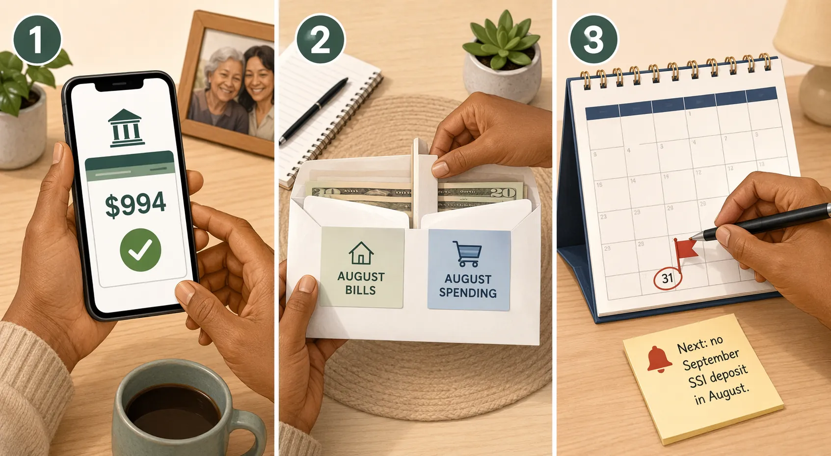 Caregiver workflow showing deposit confirmation, August bill budgeting, and a calendar reminder