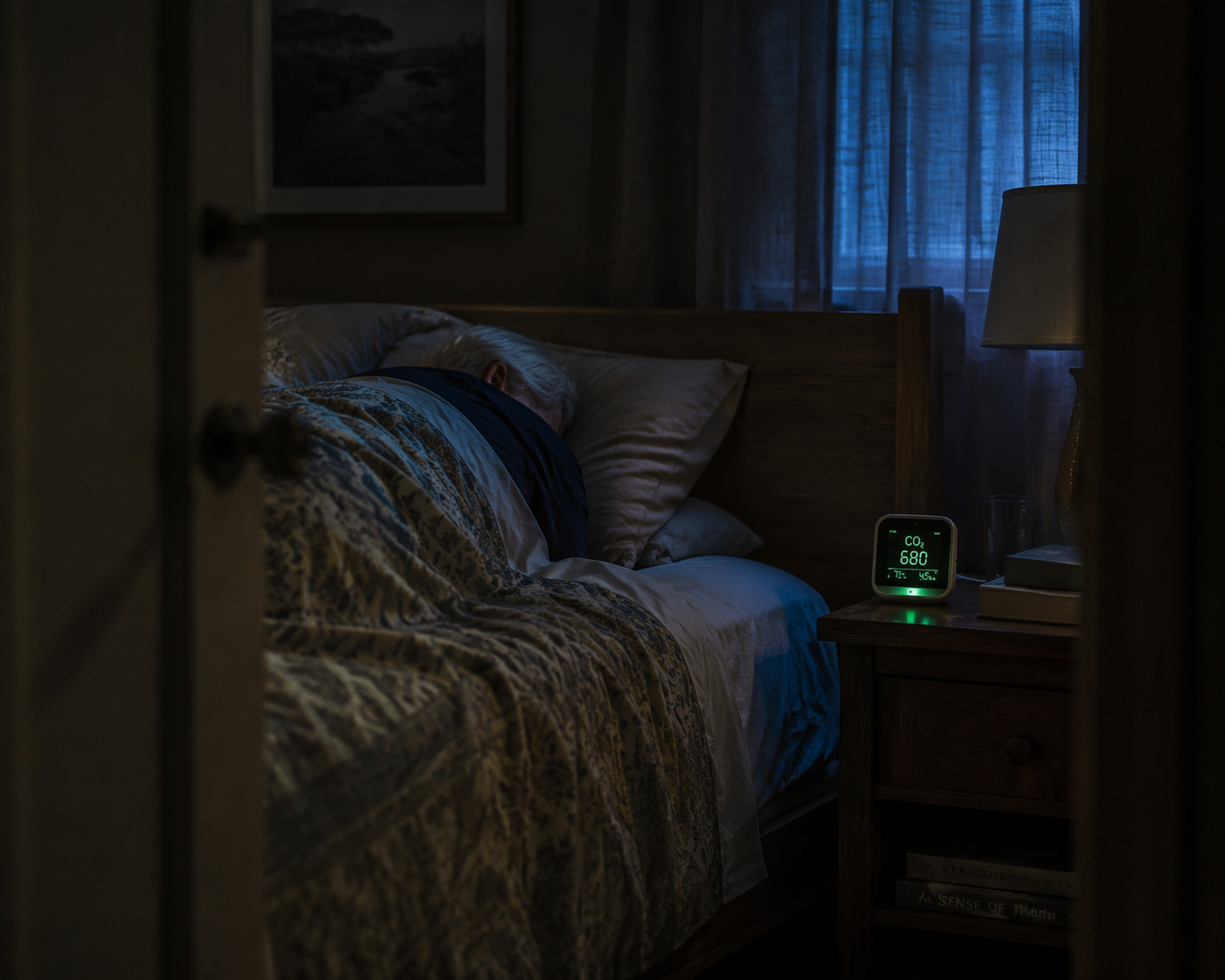 Dim bedroom at night with an elderly person sleeping and a CO2 monitor glowing on the nightstand