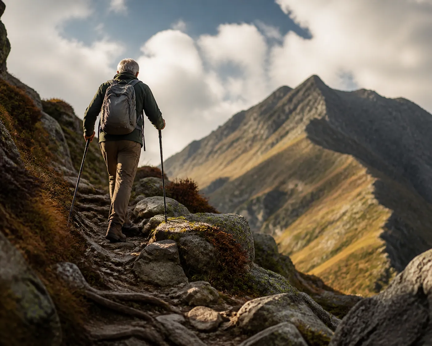 Older hiker using trekking poles on a steep rocky alpine trail