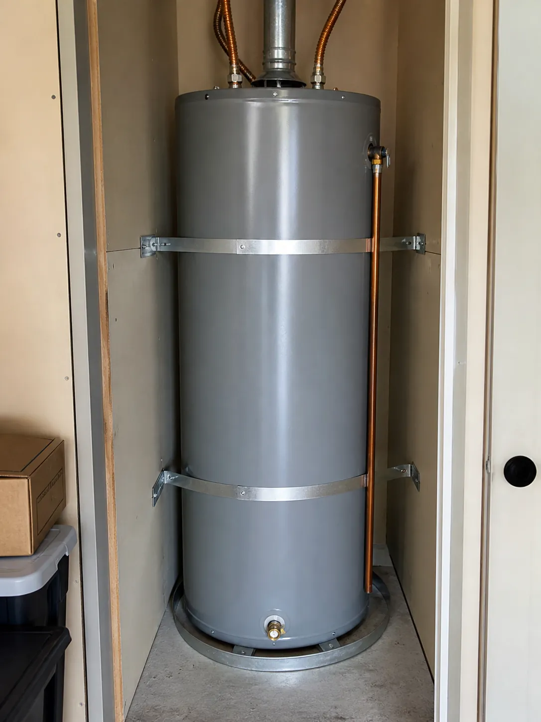 Water heater secured with two metal straps bolted into wall studs
