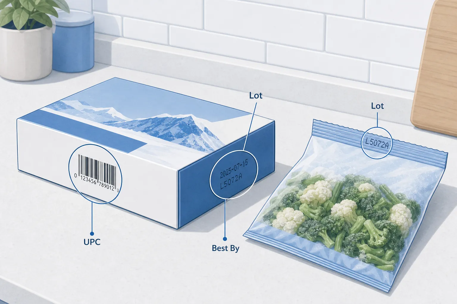Illustration showing UPC, lot code, and best-by locations on frozen food packaging