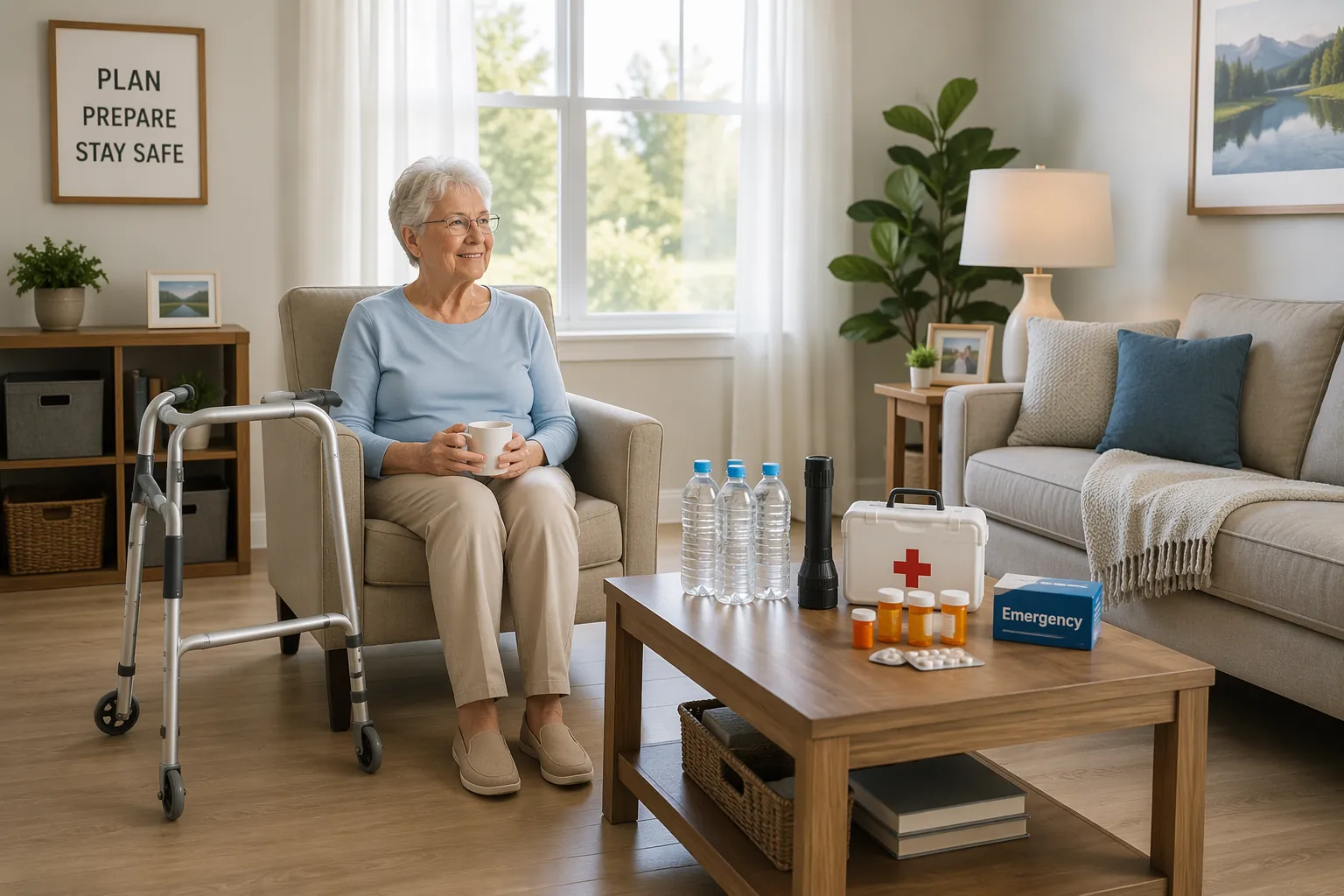 Senior-friendly living room with unobstructed walking paths, walker, flashlight, water, and medications within easy reach