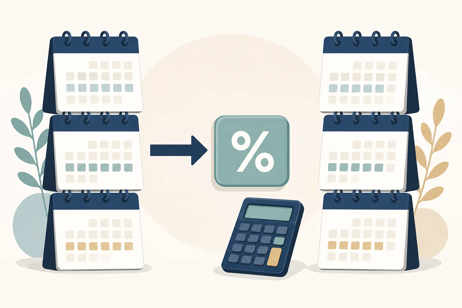 Diagram of two three-month calendar stacks connected to a percentage calculation badge