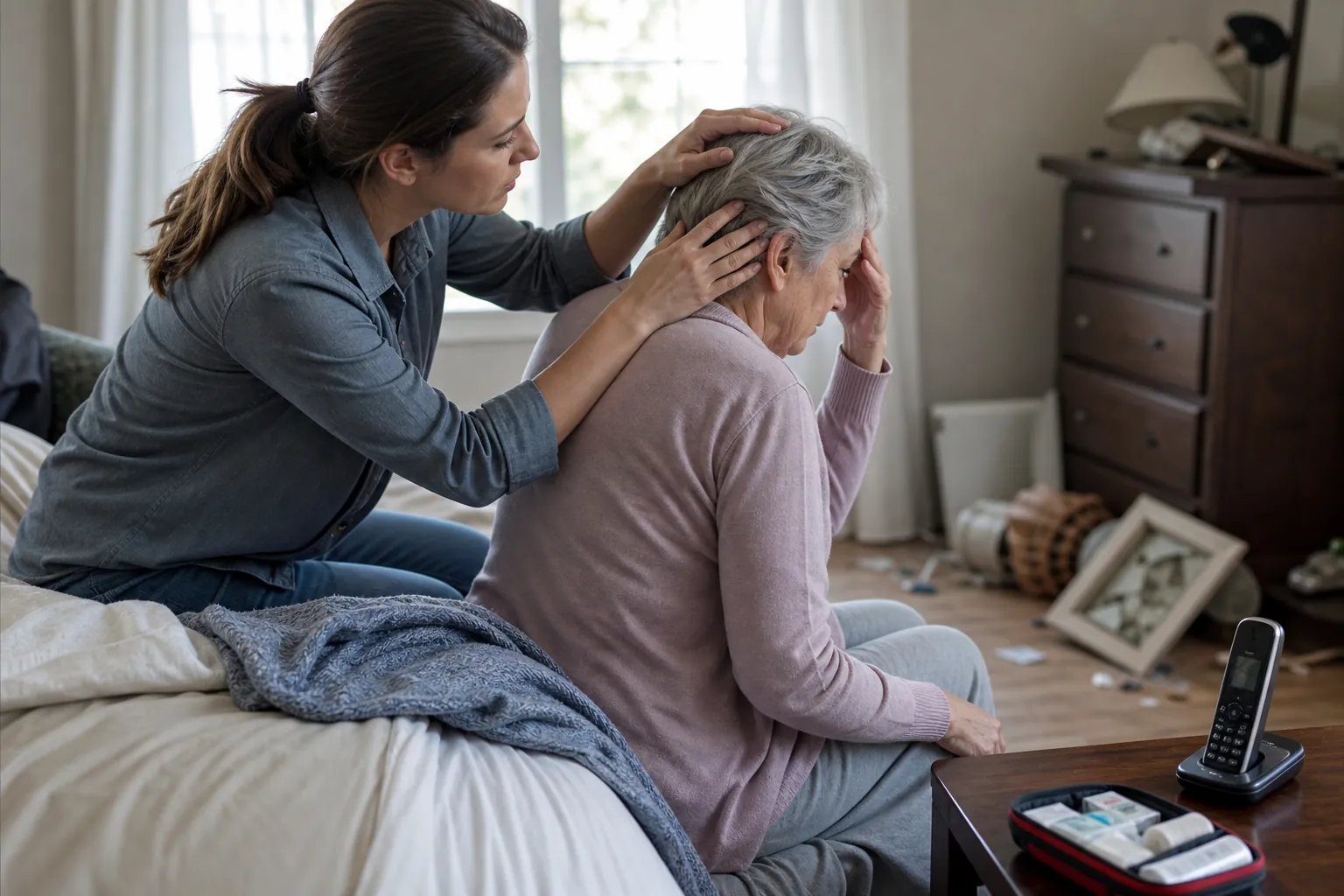 Adult daughter checking the back of her elderly mother's head after an earthquake