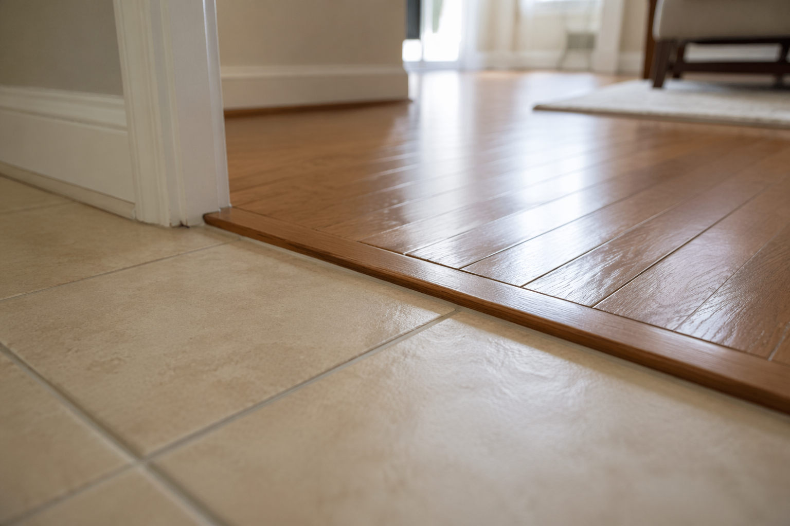 Raised doorway threshold where tile flooring transitions to hardwood