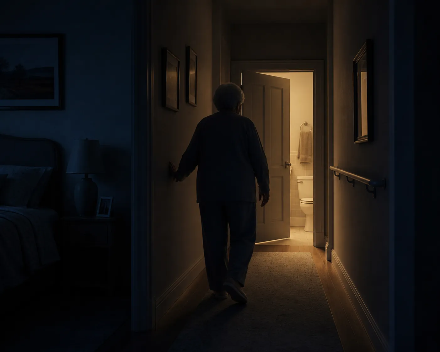 Dim hallway from a bedroom to a bathroom at night with a person walking slowly toward the bathroom