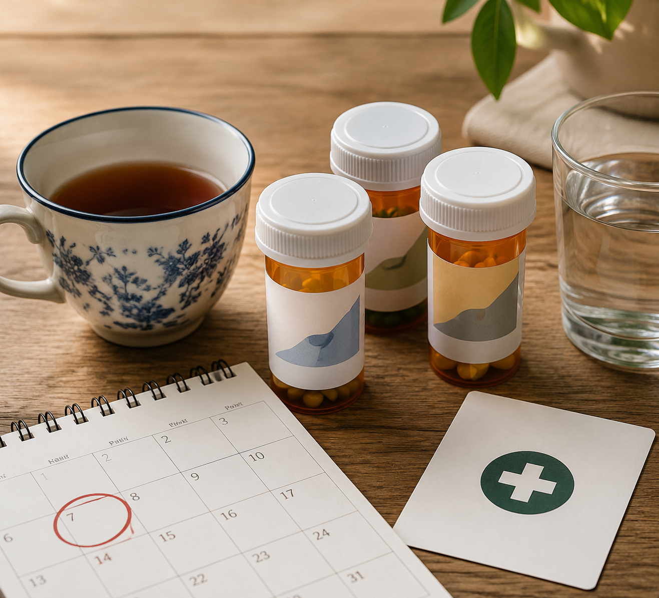 Senna tea beside prescription bottles, a glass of water, and a calendar with the number seven circled