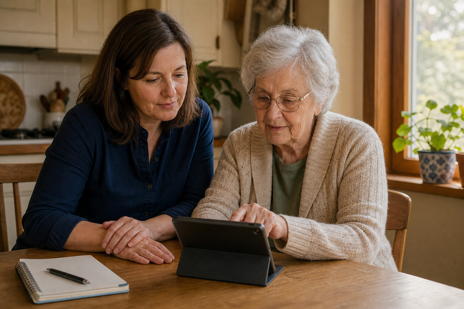A middle-aged woman sits beside an older adult woman at a sunlit kitchen table, both looking at a tablet propped between them. The older adult rests her hand on the tablet screen while the younger woman keeps her hands on the table. A notebook and pen sit nearby.
