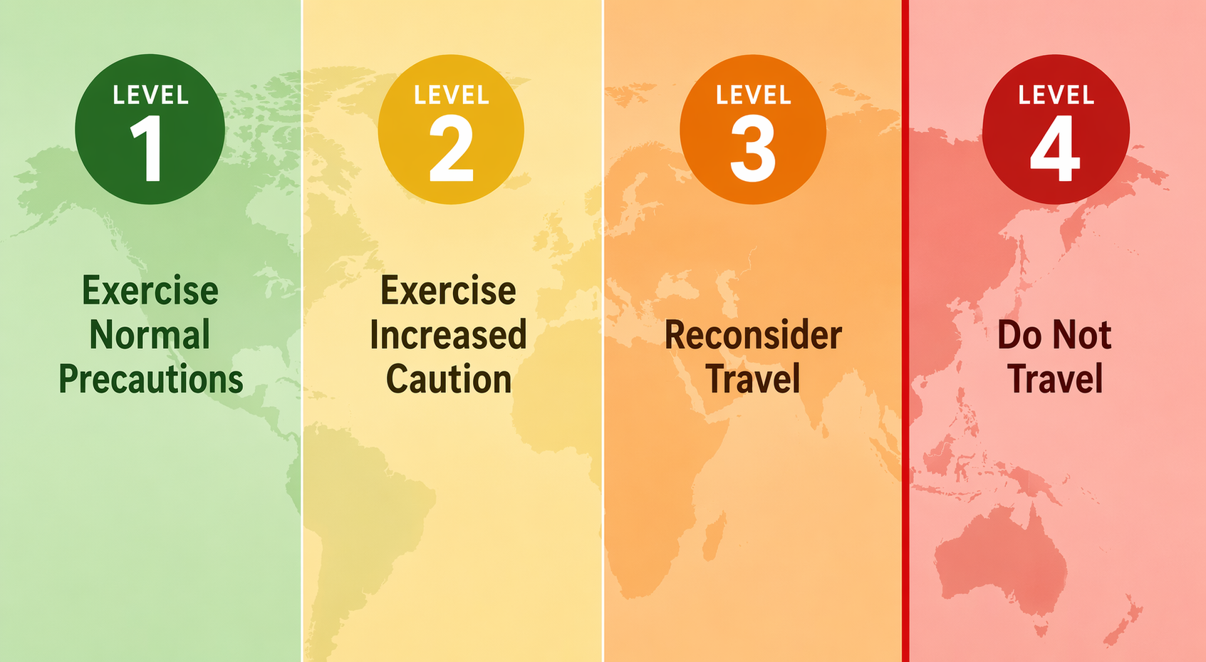 Infographic of U.S. State Department travel advisory levels from Level 1 through Level 4 with a red boundary at Level 4