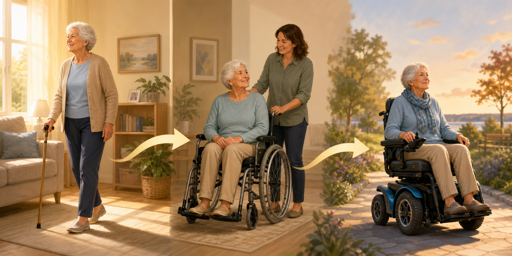 A three-stage progression illustration showing an elderly person using a cane on the left, transitioning to a manual wheelchair with a caregiver in the middle, and navigating confidently in a power wheelchair on the right. Soft arrows connect the stages against a background shifting from warm morning to afternoon tones, conveying natural progression over time.