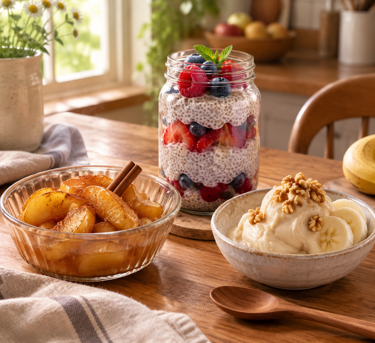 Baked cinnamon apples, chia pudding parfait, and banana nice cream on a wooden kitchen table