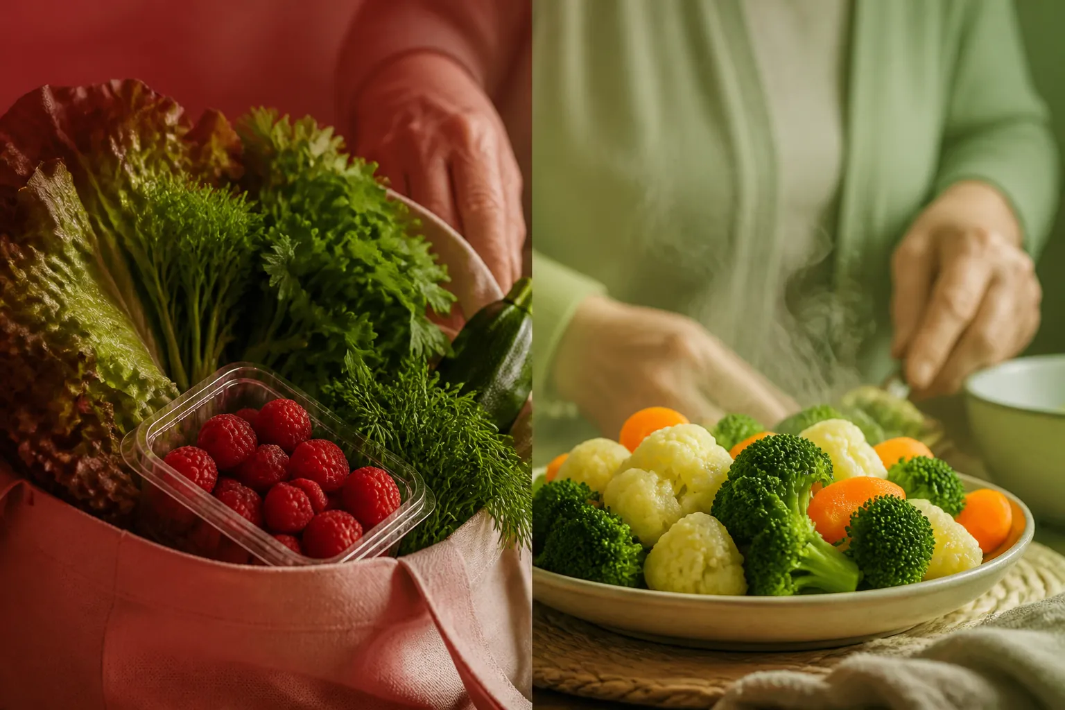 Raw lettuce, herbs, and raspberries contrasted with steamed cooked vegetables prepared by an older adult