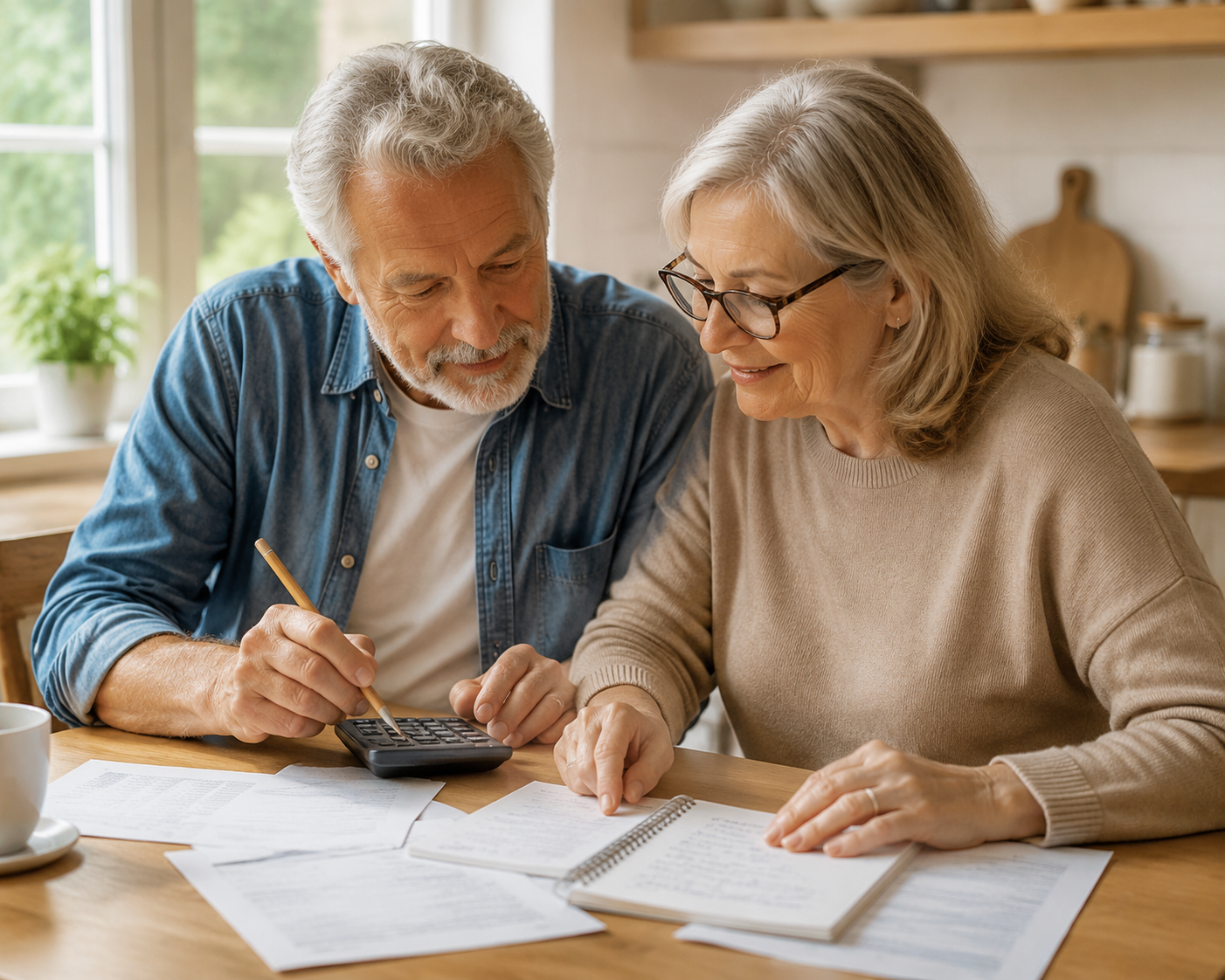 Senior couple reviewing retirement papers together at a kitchen table