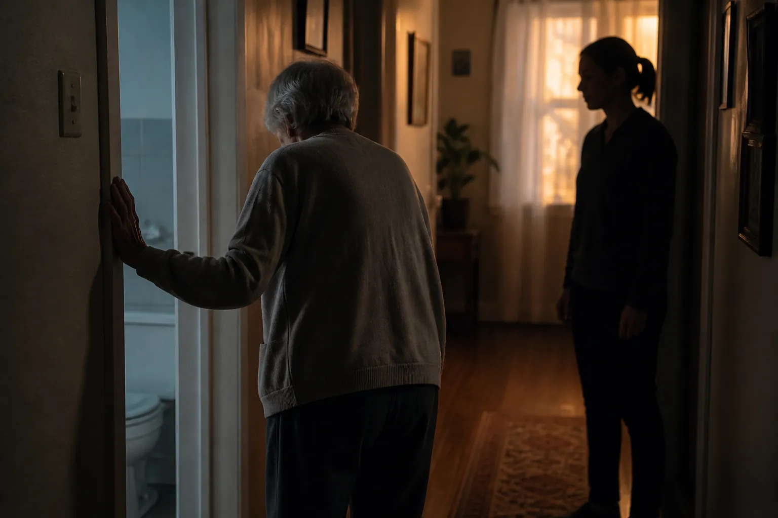 Older adult steadying themselves near a bathroom doorway at dusk while a caregiver watches from nearby
