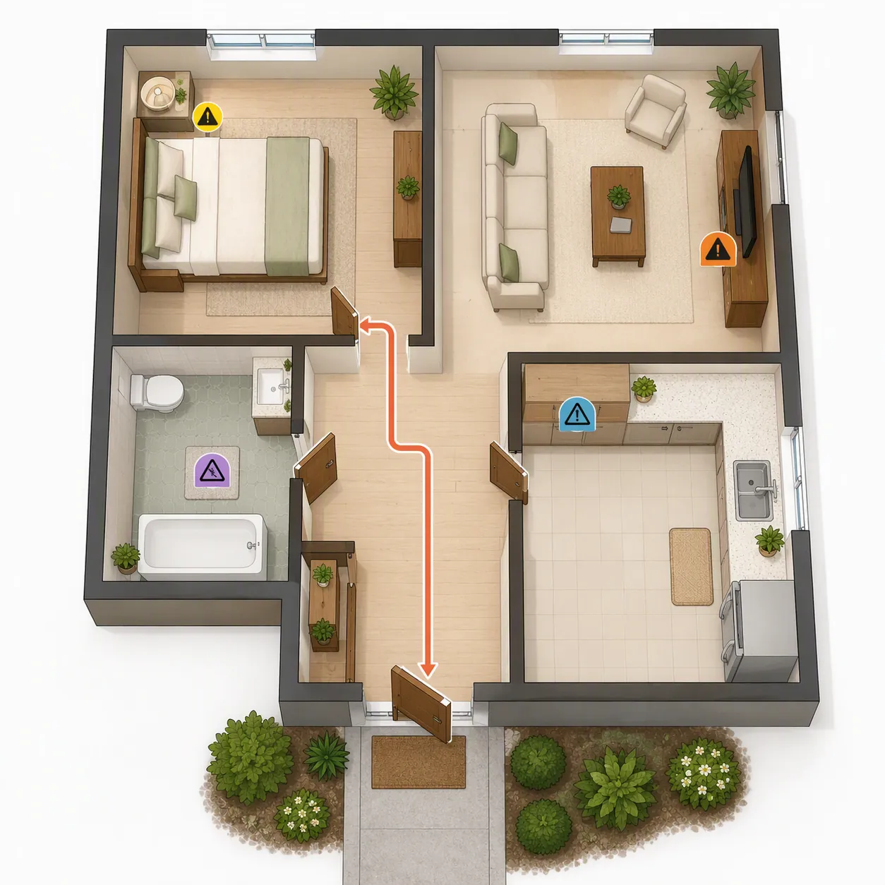Top-down floor plan showing bedroom, living room, kitchen, bathroom, and clear path to an exit