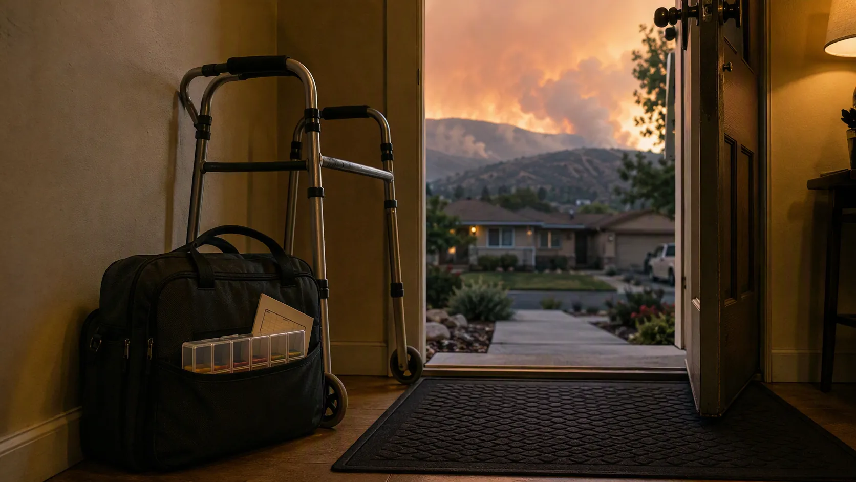 Pre-packed emergency go-bag with medication organizer and documents beside a walker near an open door with smoky hills outside