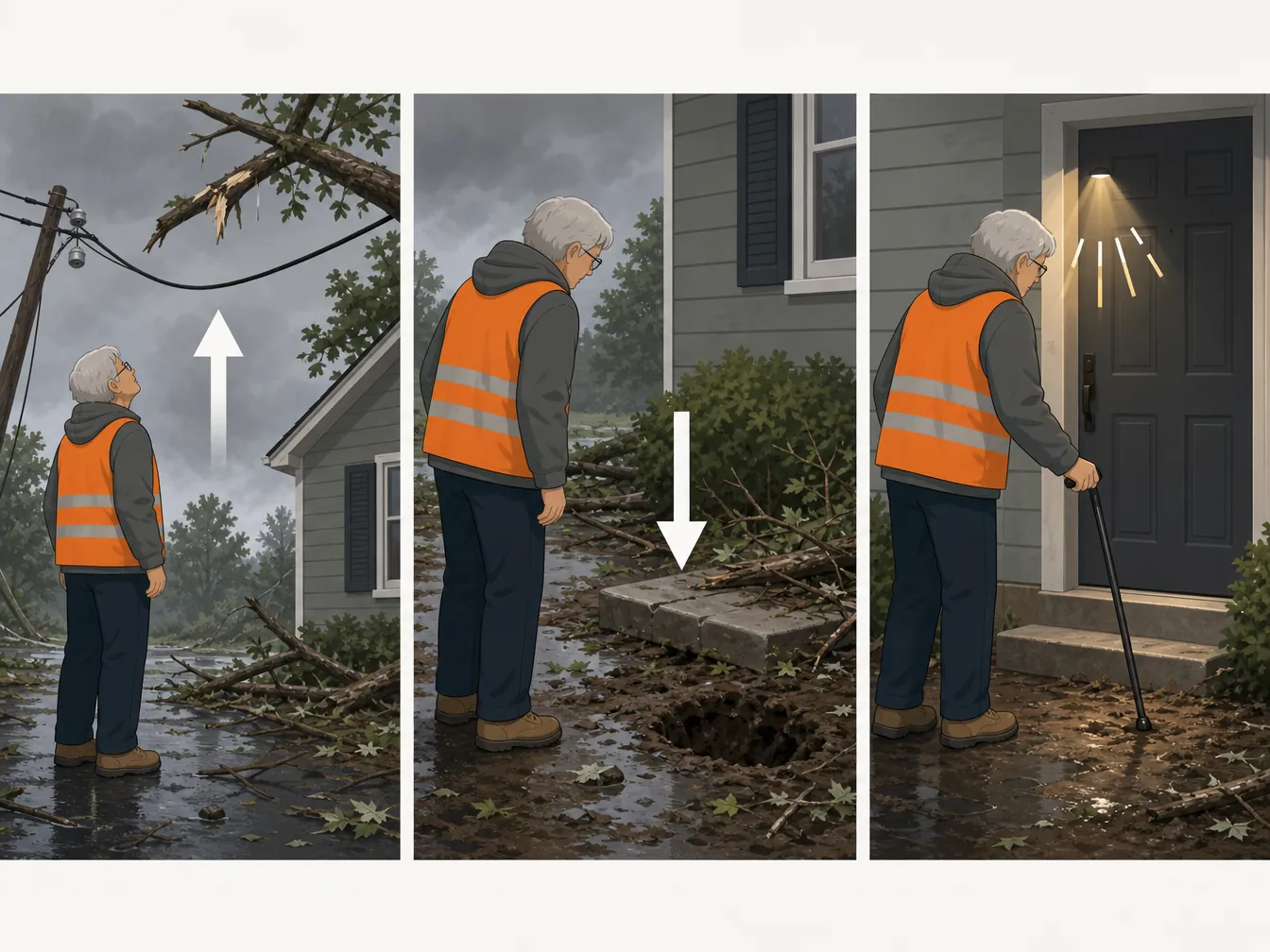 Three-panel illustration of a senior checking overhead hazards, ground debris, and footing before cleanup