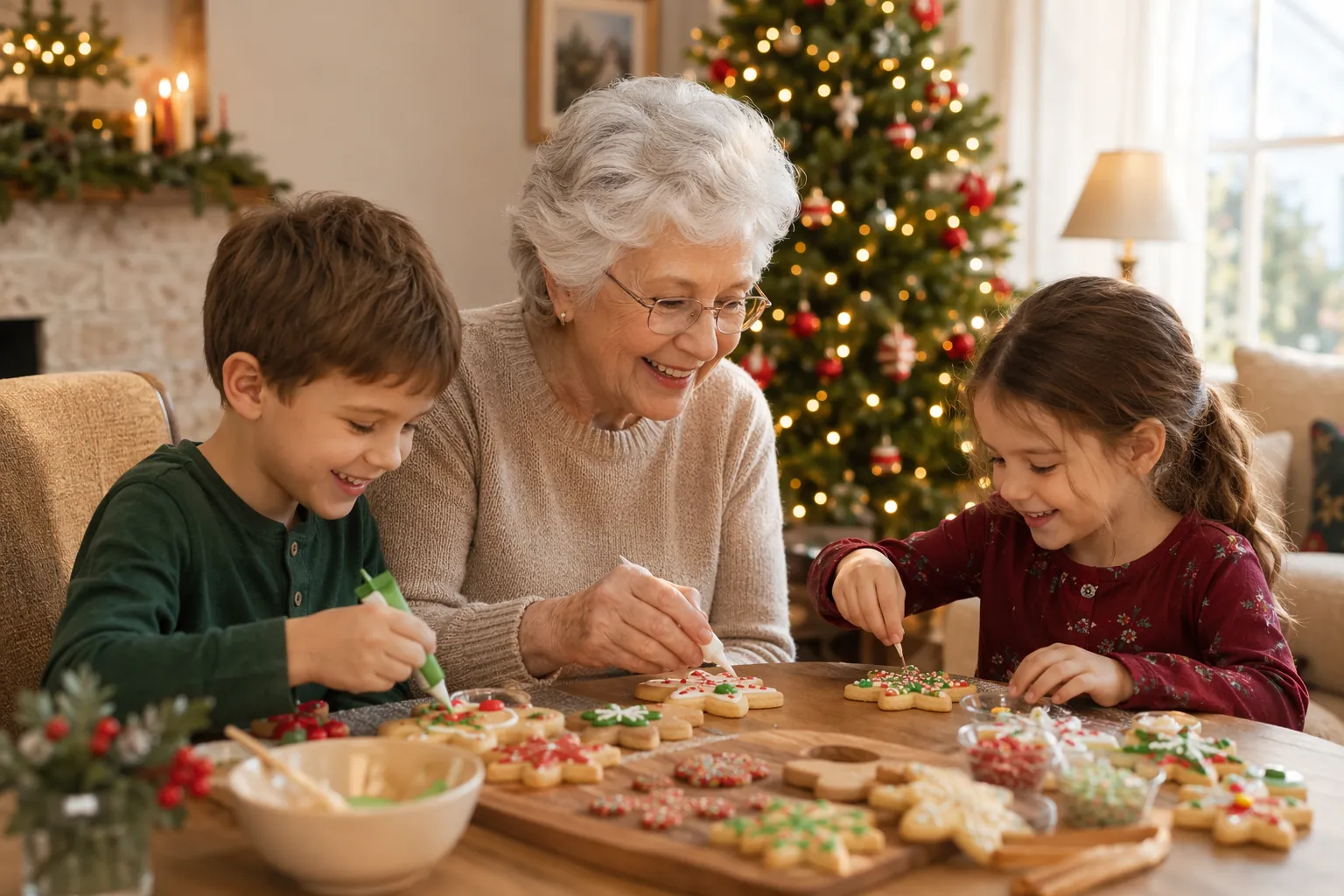 Senior woman decorating holiday cookies with grandchildren at a clear, accessible table