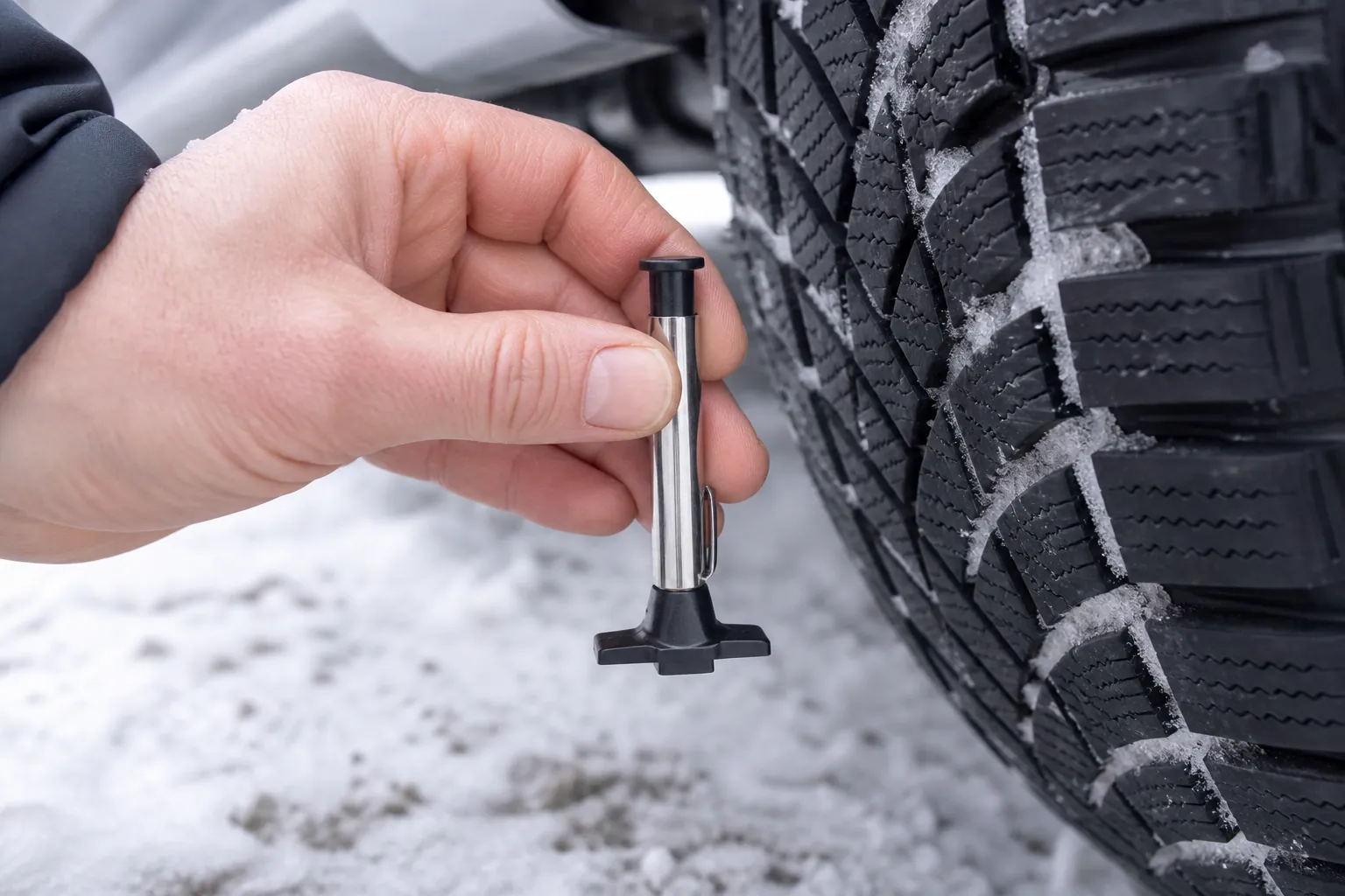 Hand checking winter tire tread depth with a gauge