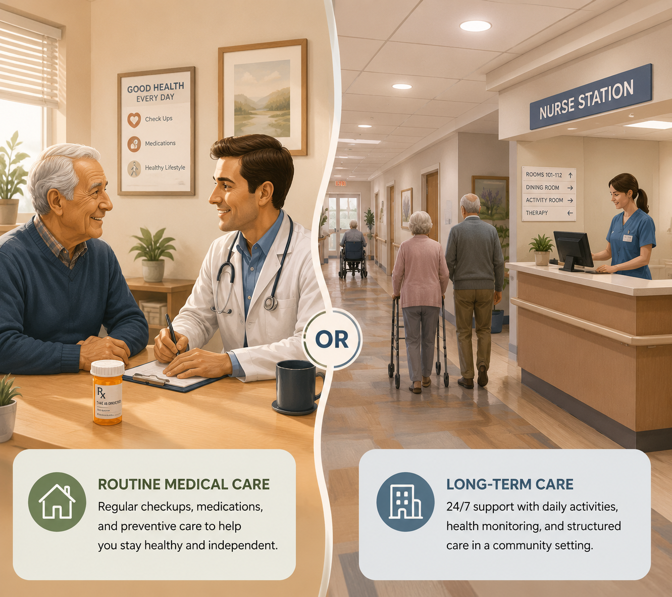 Comparison of routine medical care and long-term nursing home care for an older adult