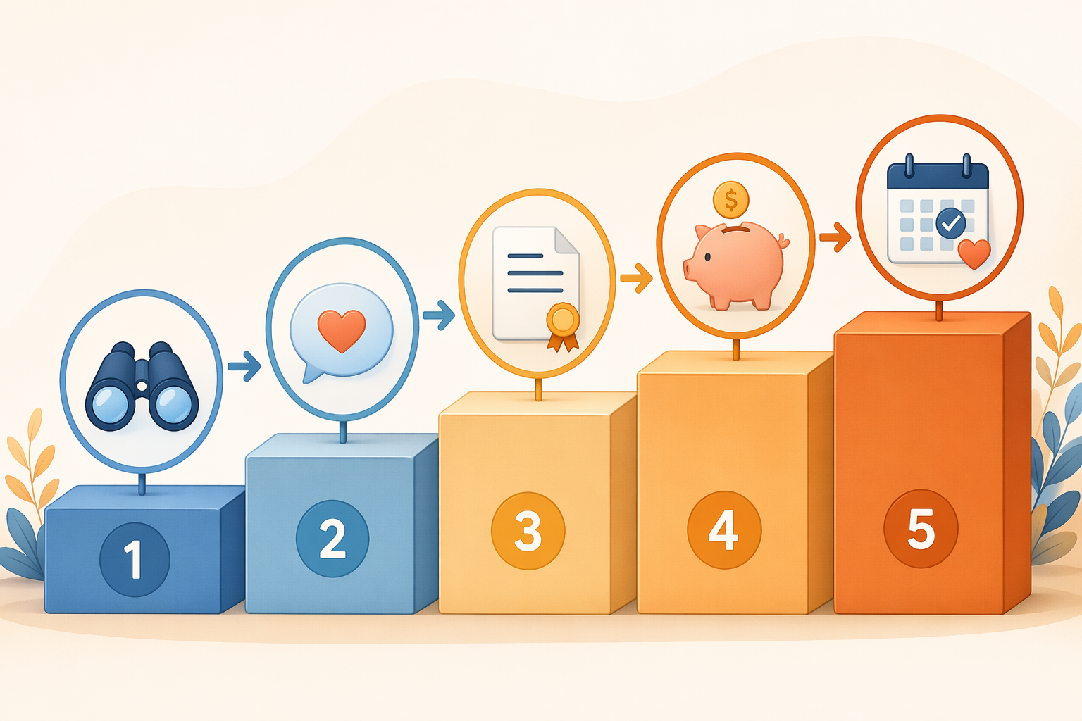 A five-step sequential illustration with icons: magnifying glass, speech bubble with heart, document with seal, coin icon, and calendar with checkmark, connected by arrows.