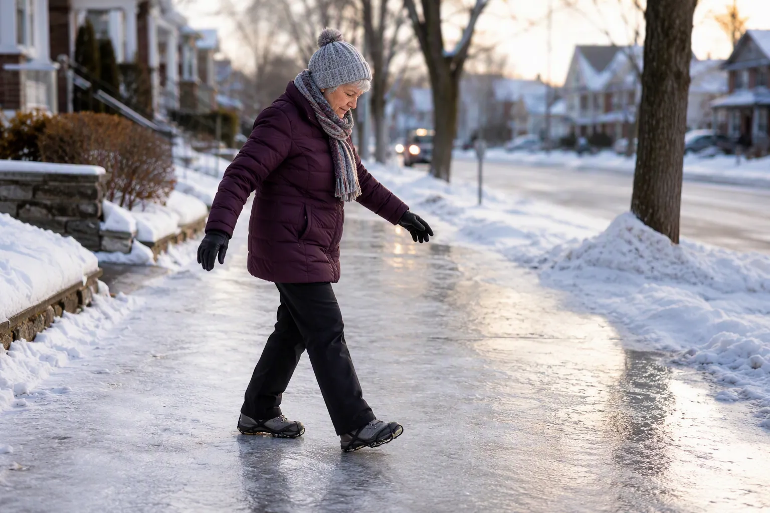 Older adult demonstrating short steps with feet slightly outward on an icy sidewalk