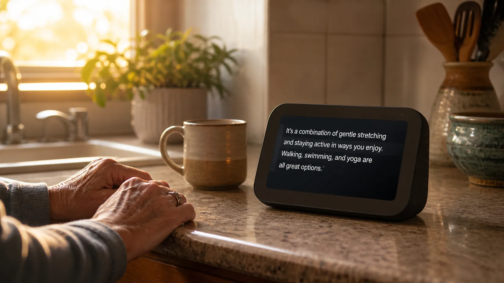 Older adult's hands beside a smart display showing caption-style text at a kitchen counter