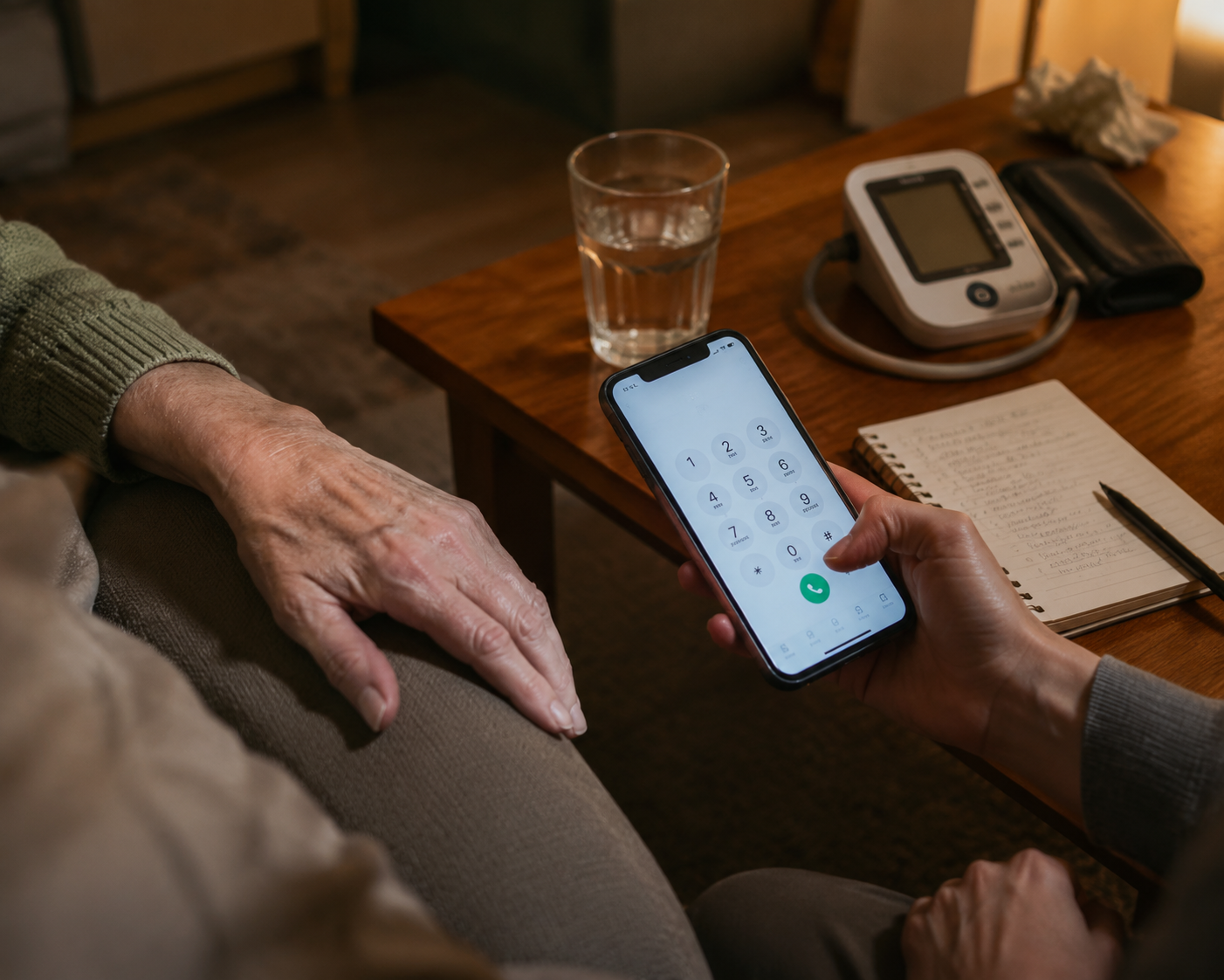 Caregiver preparing to call for emergency help while monitoring an older adult with possible dehydration