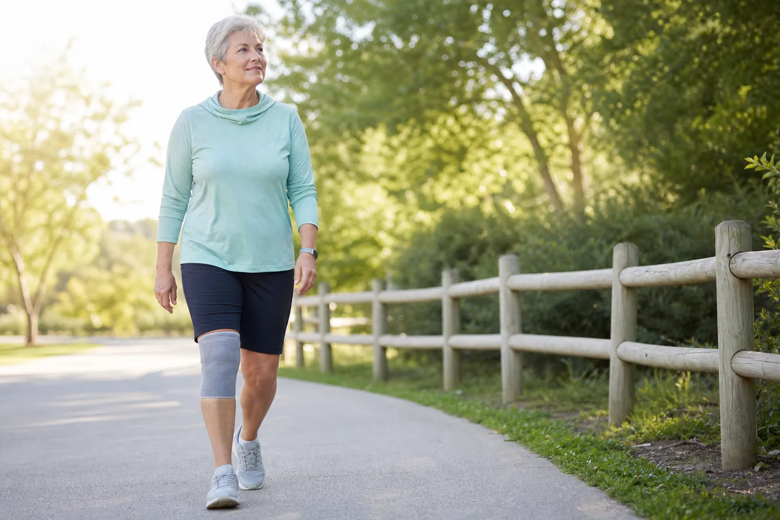 A woman in her mid-60s walking steadily on a level park path with a knee compression sleeve
