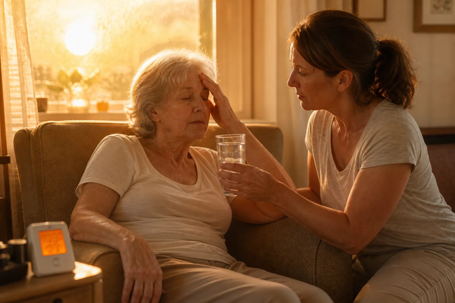 Older woman in a warm living room while her adult daughter offers water beside a room thermometer