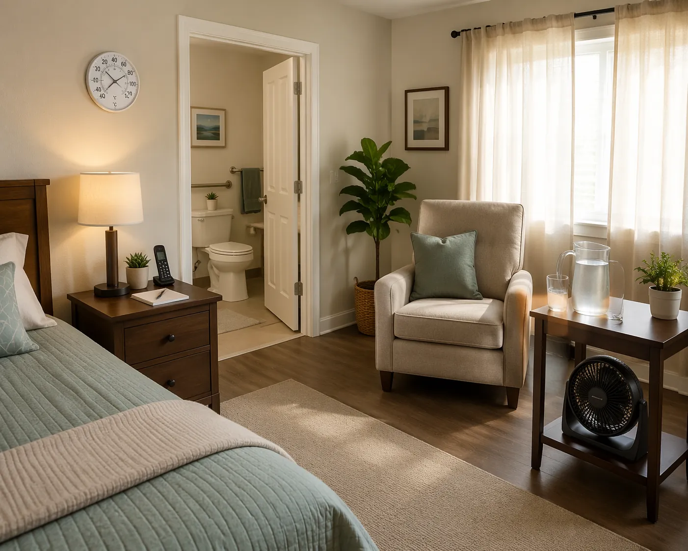 Heat-safe bedroom with clear walking path, water, phone, emergency contacts, drawn curtains, and indoor thermometer