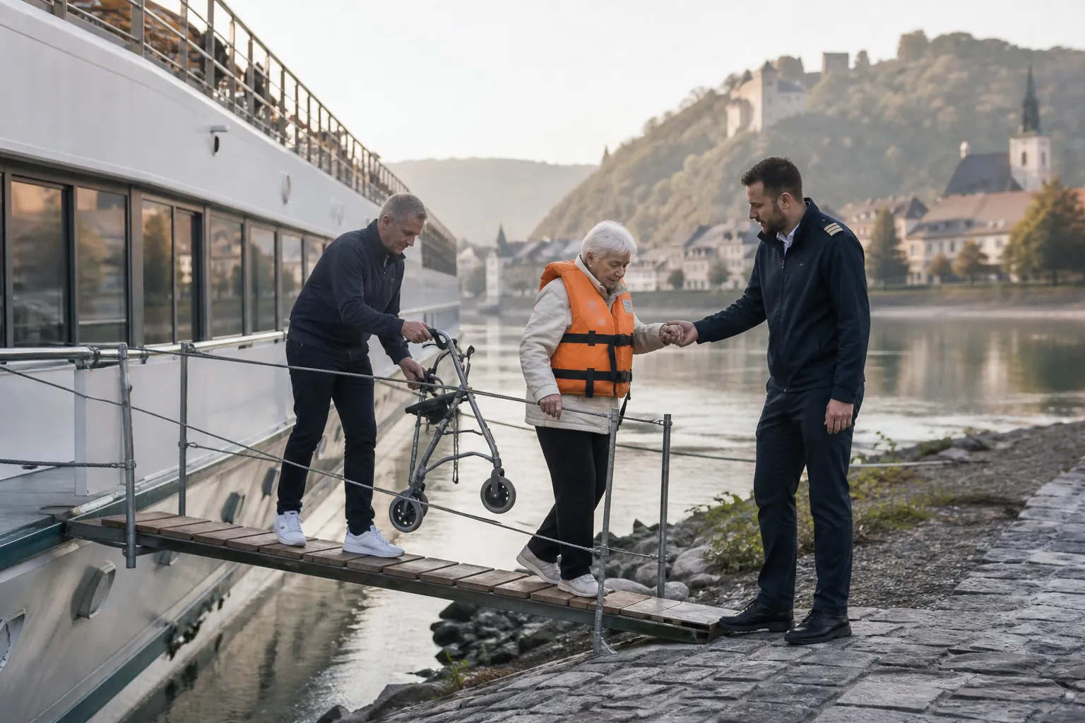 Older adult in a life jacket guided across a narrow river cruise gangway while a folding walker is handed behind them