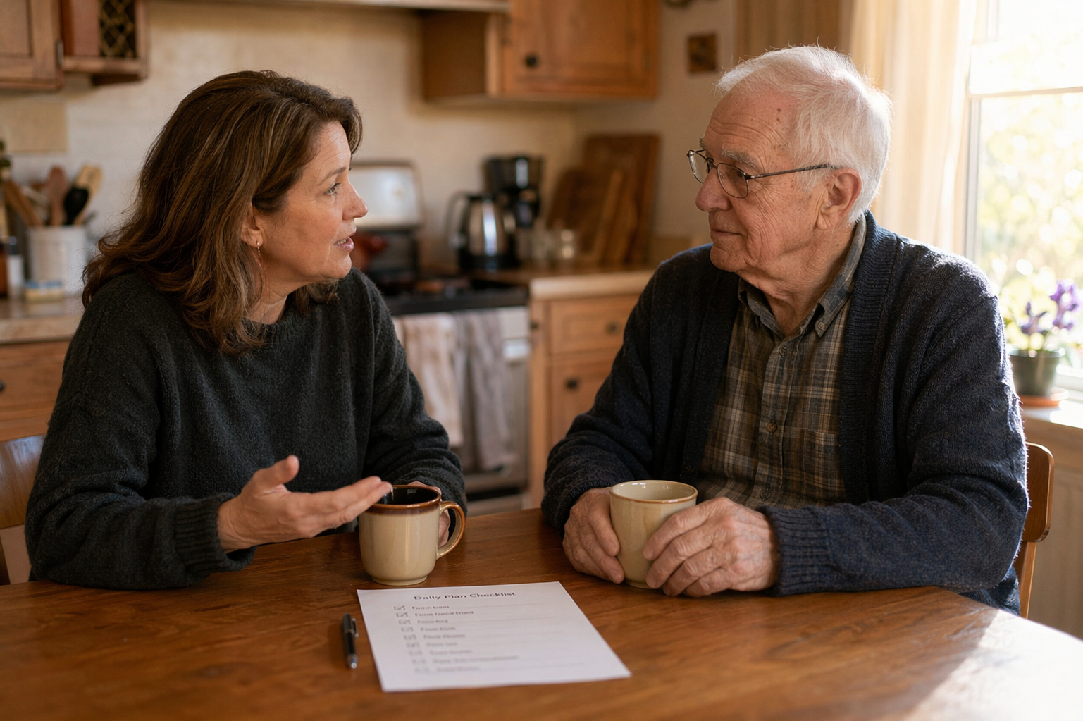 Adult daughter and elderly father sitting at a kitchen table with coffee mugs and a printed checklist between them