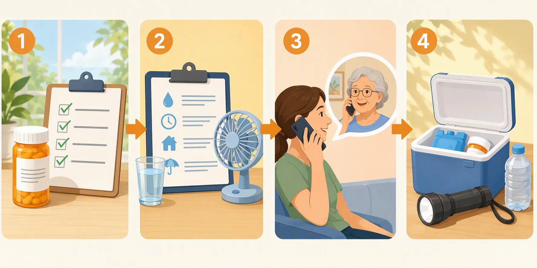 Four-step prevention sequence showing medication review, written cooling and hydration plan, caregiver phone check-in, and power outage backup kit